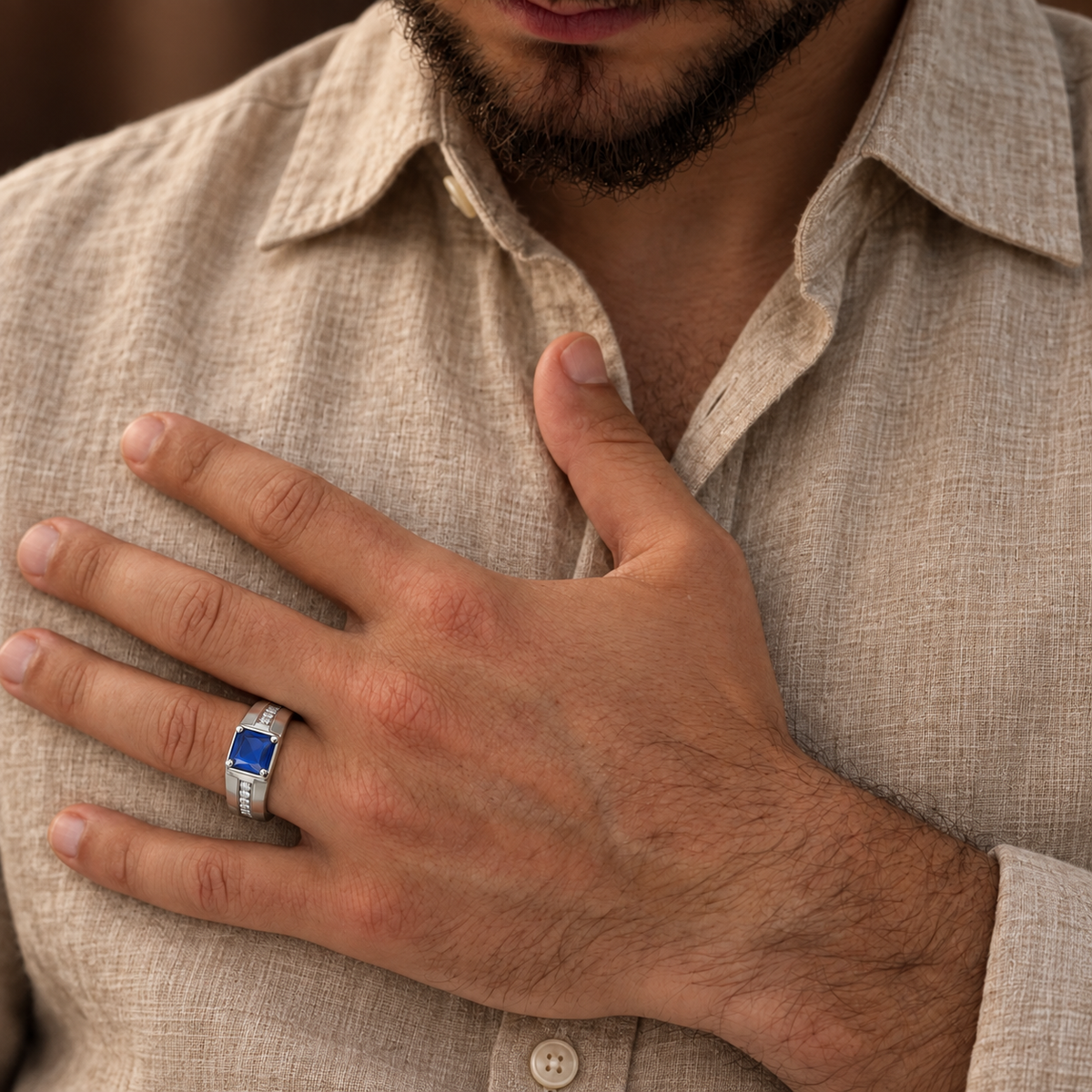 Square Blue Statement Ring | Silver-Tone – For Men | Includes: Ring