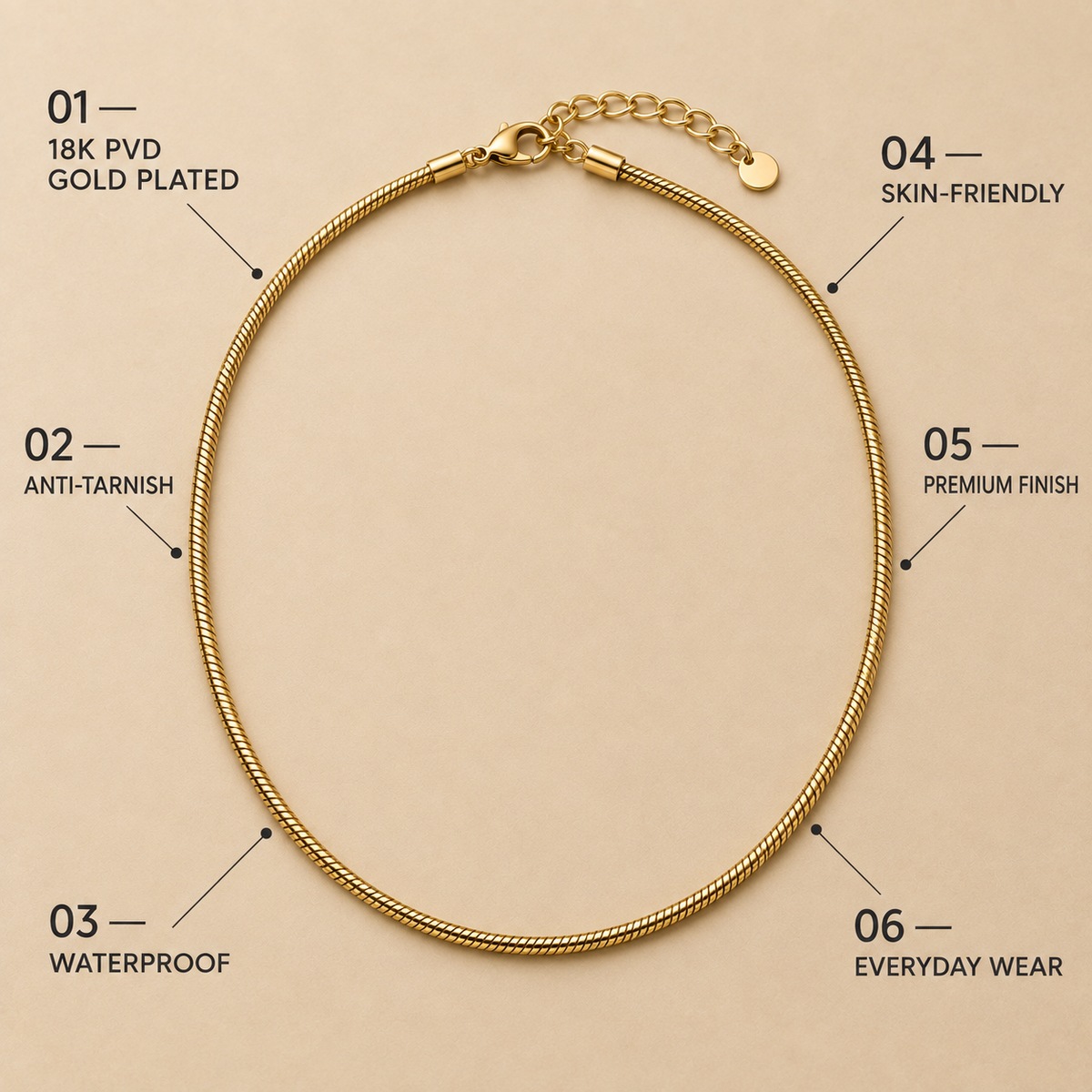 Essential SNAKE CHAIN Necklace | Gold-Tone - For Women | Includes: Necklace