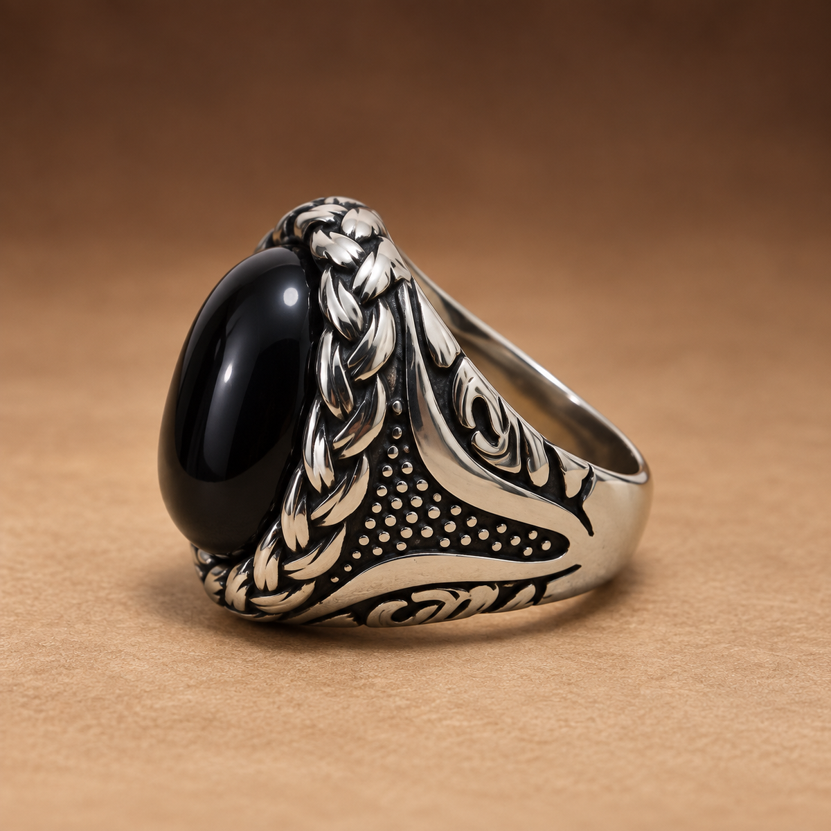 Black Oval Braided Statement Ring | Silver-Tone – For Men | Includes: Ring