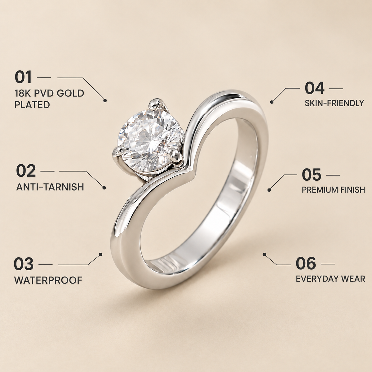 Hearty Dainty Solitaire Zircon Ring | 18K PVD Gold Plated- For Women | Includes: Ring