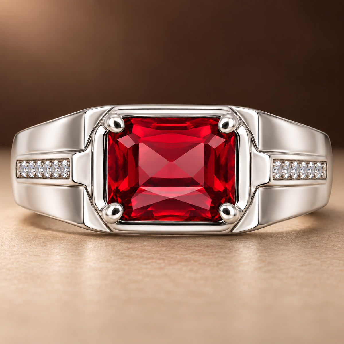 Square Red Statement Ring | Silver-Tone – For Men | Includes: Ring
