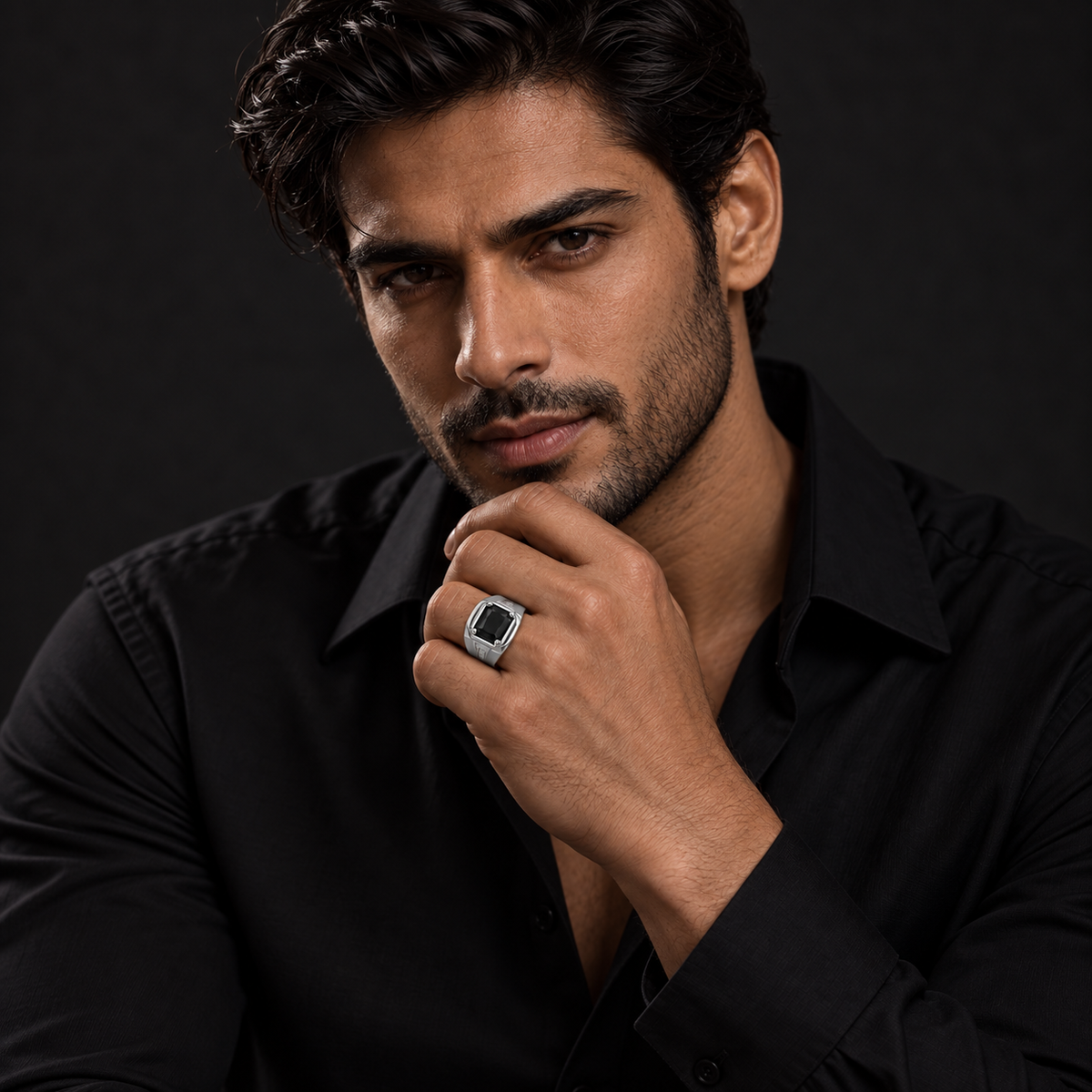 Square Black Statement Ring | Silver-Tone – For Men | Includes: Ring