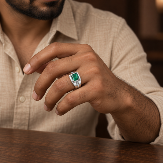 Square Green Statement Ring | Silver-Tone – For Men | Includes: Ring