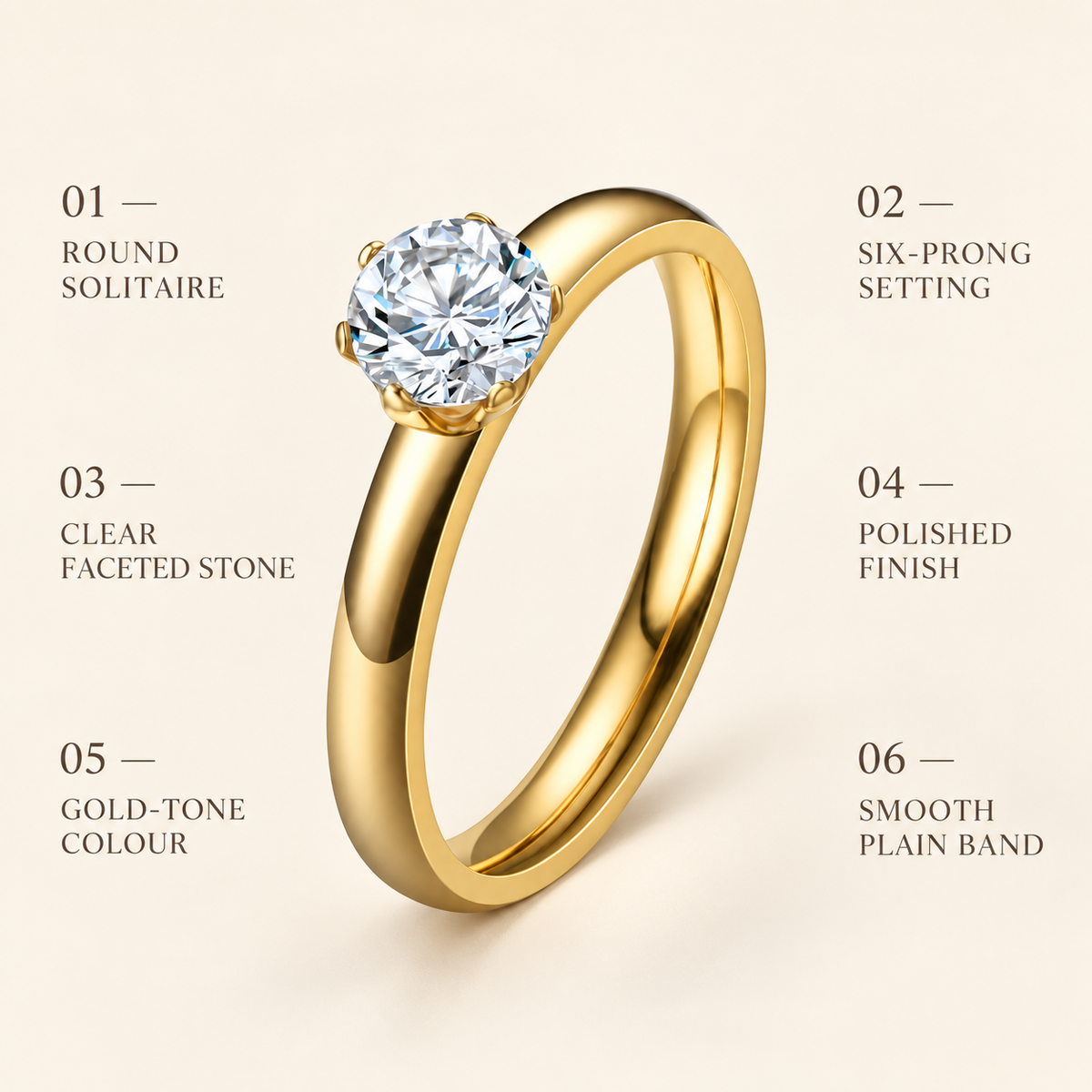 Classic Regular Solitaire Zircon Ring | 18K PVD Gold Plated- For Women | Includes: Ring
