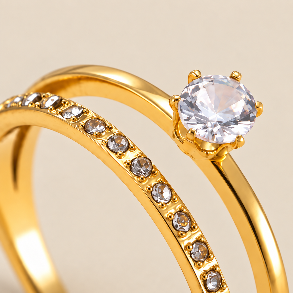 Classic 2-Layer Solitaire Zircon Ring | 18K PVD Gold Plated- For Women | Includes: Ring