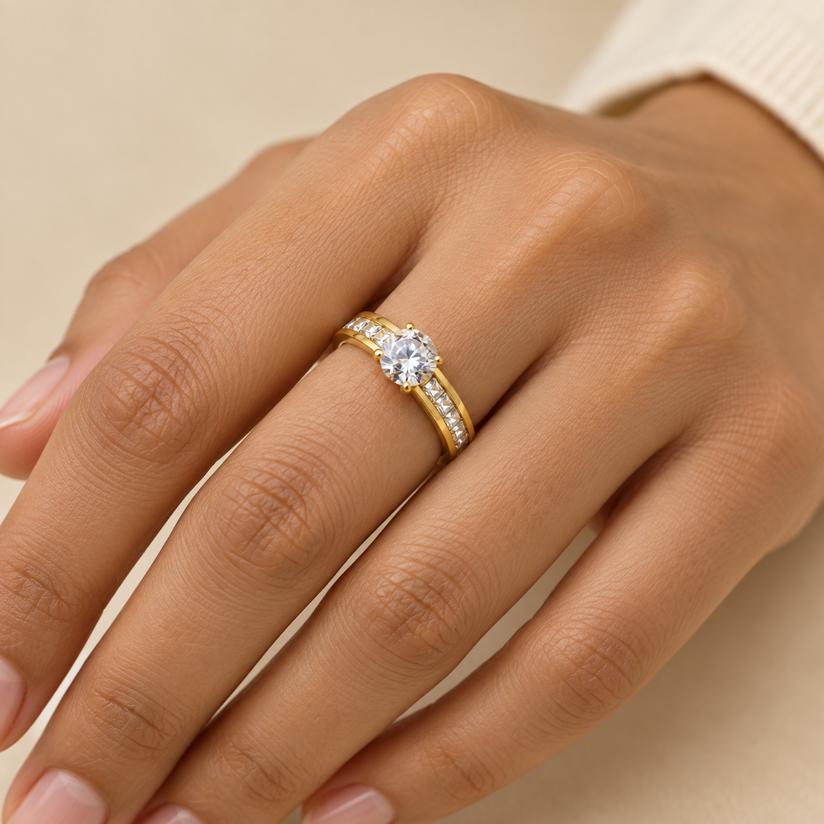 Classic Solitaire multi-Zircon Ring | 18K PVD Gold Plated- For Women | Includes: Ring
