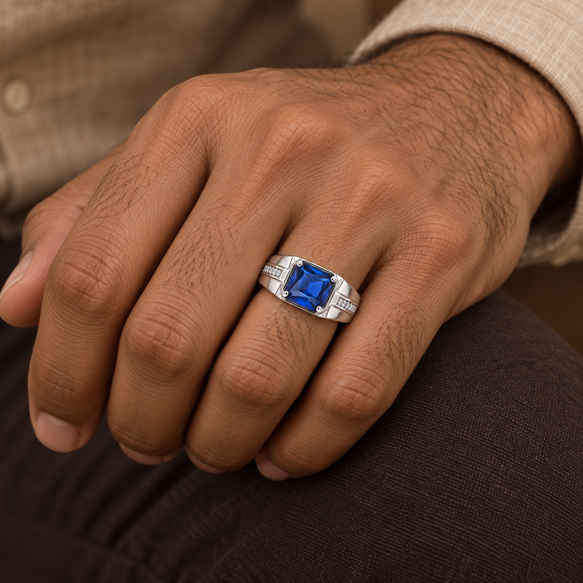 Square Blue Statement Ring | Silver-Tone – For Men | Includes: Ring