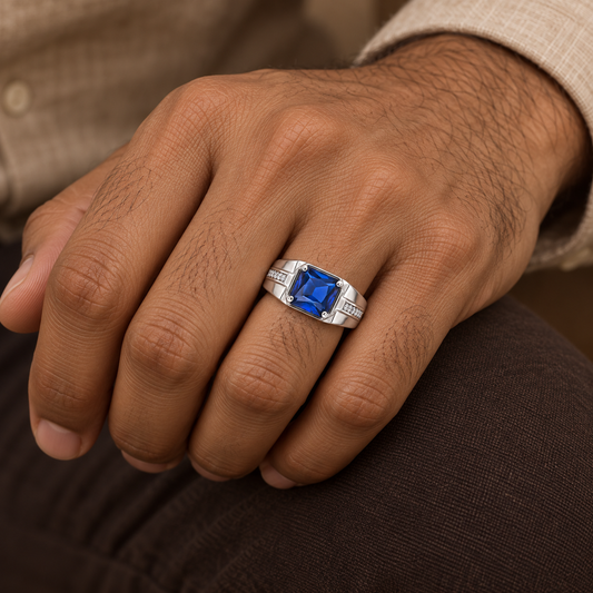 Square Blue Statement Ring | Silver-Tone – For Men | Includes: Ring