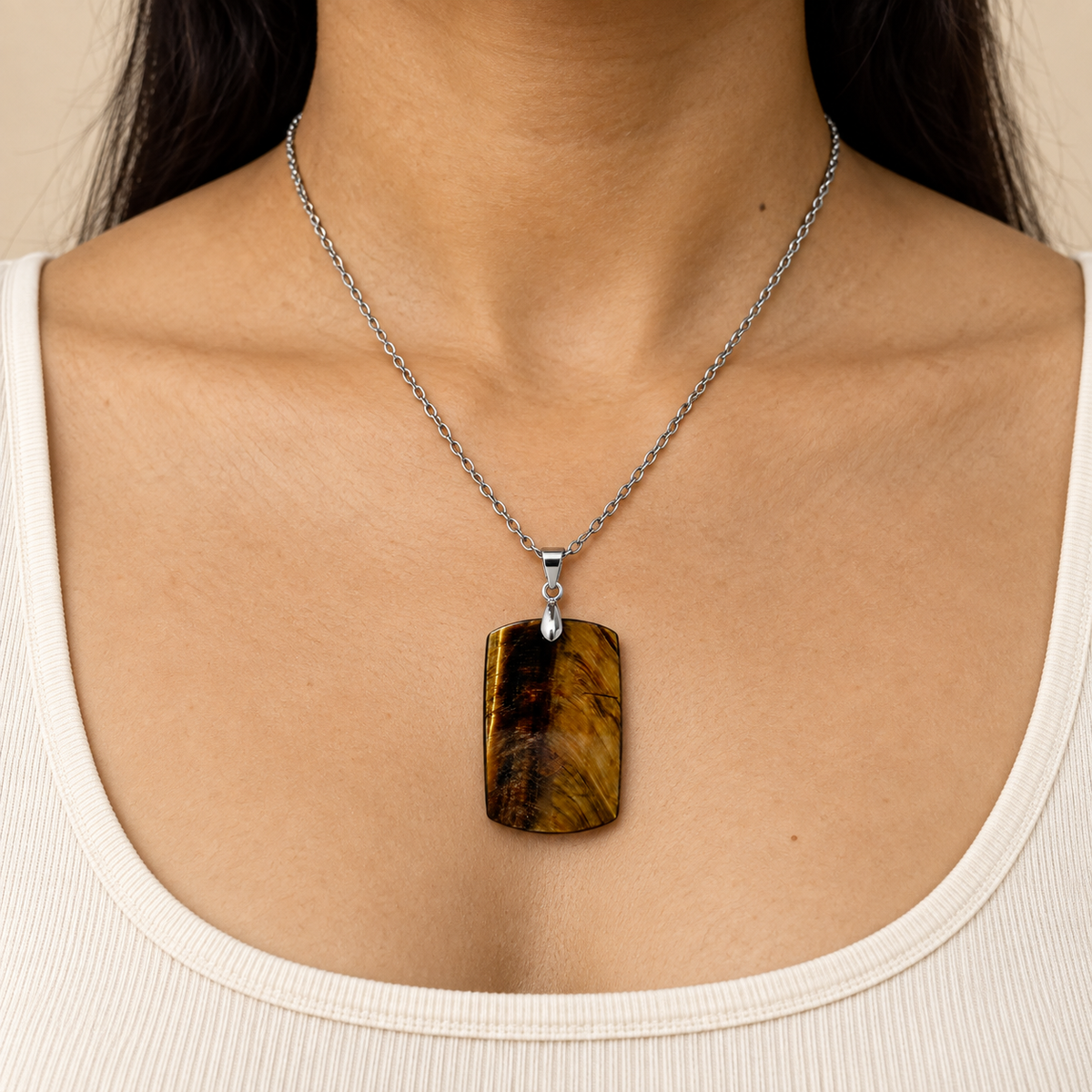 Courage Tiger Eye REAL Stone BOLD Necklace | Stainless Steel - For Women | Includes: Necklace