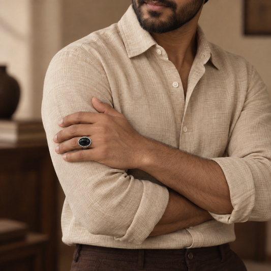 Black Oval Braided Statement Ring | Silver-Tone – For Men | Includes: Ring