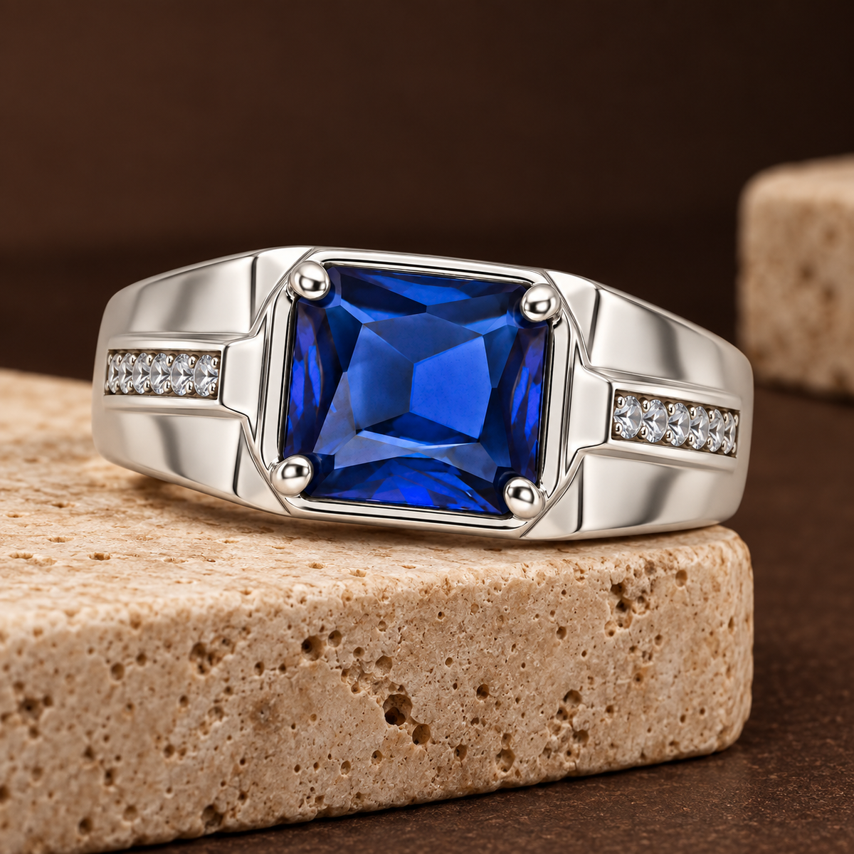 Square Blue Statement Ring | Silver-Tone – For Men | Includes: Ring