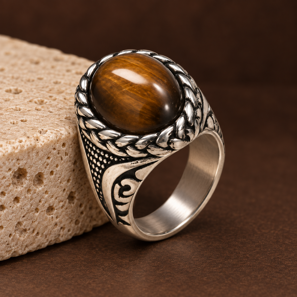 Brown Oval Braided Statement Ring | Silver-Tone – For Men | Includes: Ring