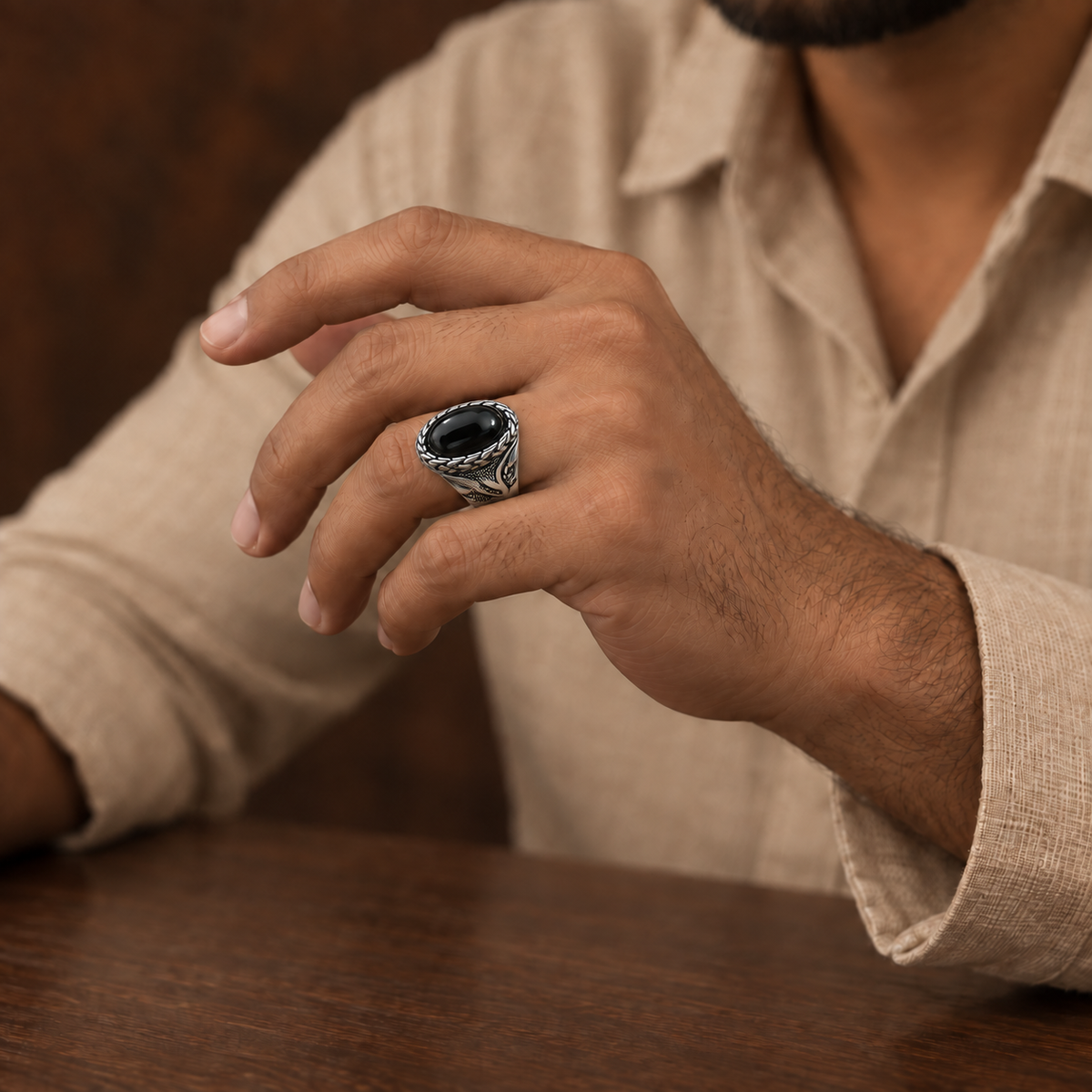 Black Oval Braided Statement Ring | Silver-Tone – For Men | Includes: Ring