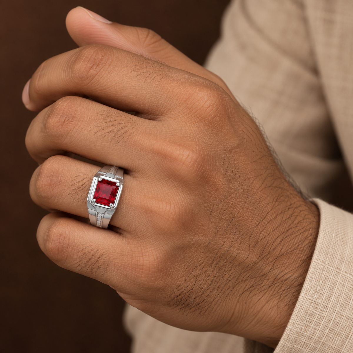 Square Red Statement Ring | Silver-Tone – For Men | Includes: Ring