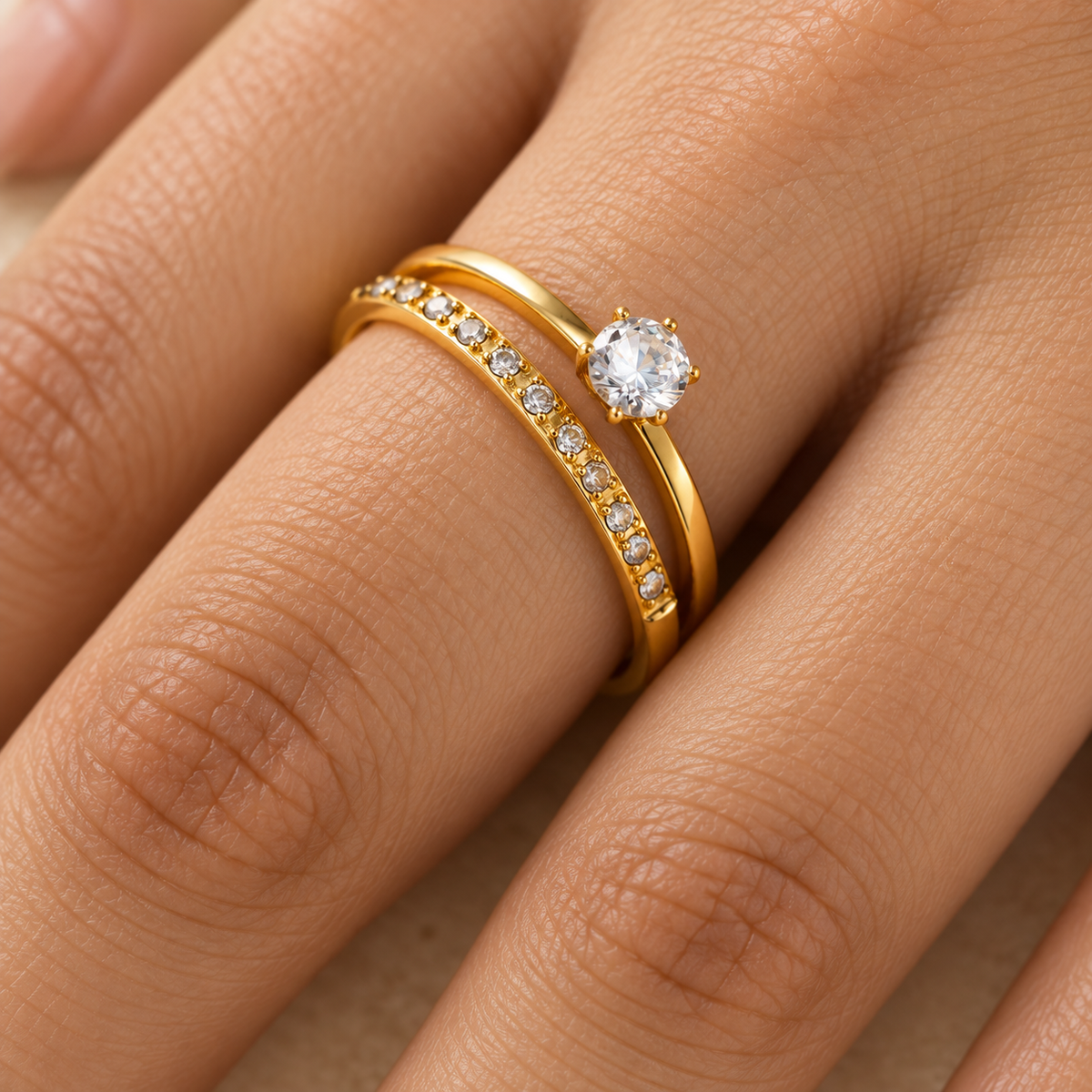 Classic 2-Layer Solitaire Zircon Ring | 18K PVD Gold Plated- For Women | Includes: Ring