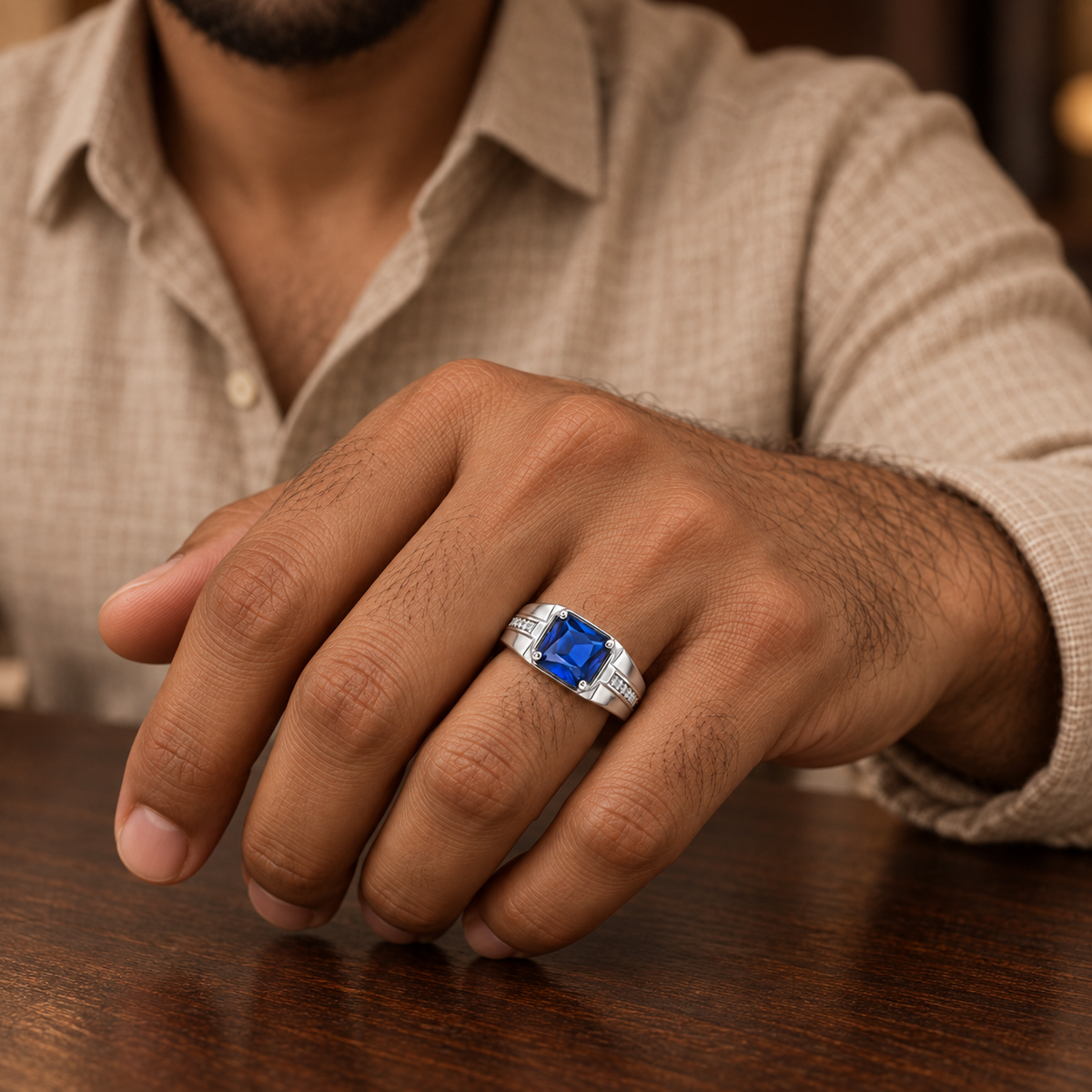 Square Blue Statement Ring | Silver-Tone – For Men | Includes: Ring