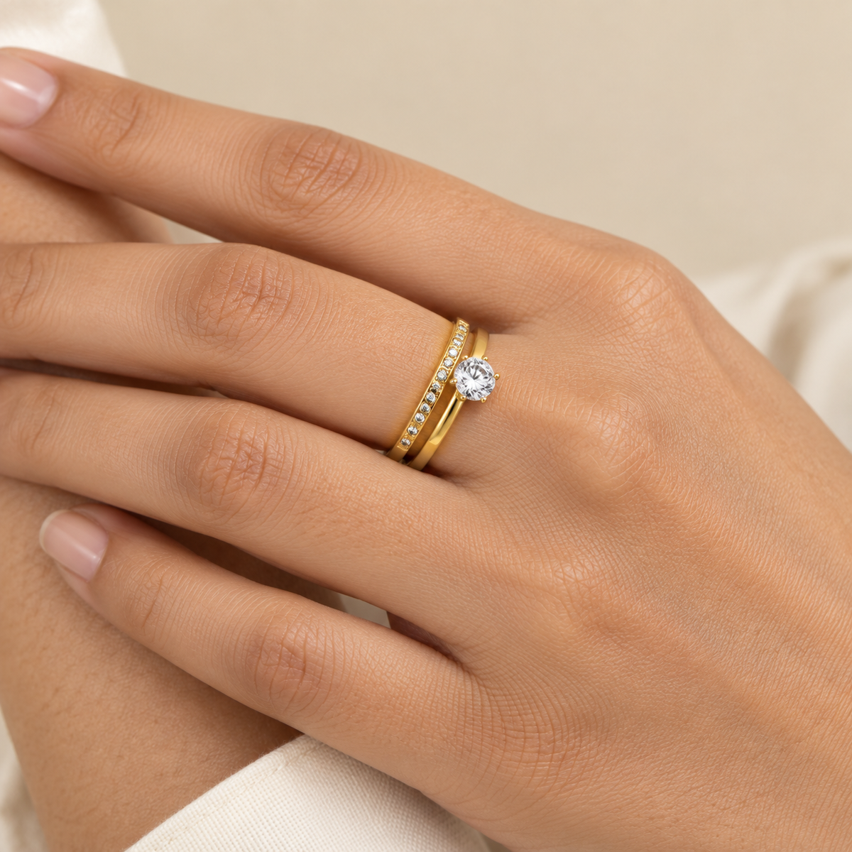 Classic 2-Layer Solitaire Zircon Ring | 18K PVD Gold Plated- For Women | Includes: Ring