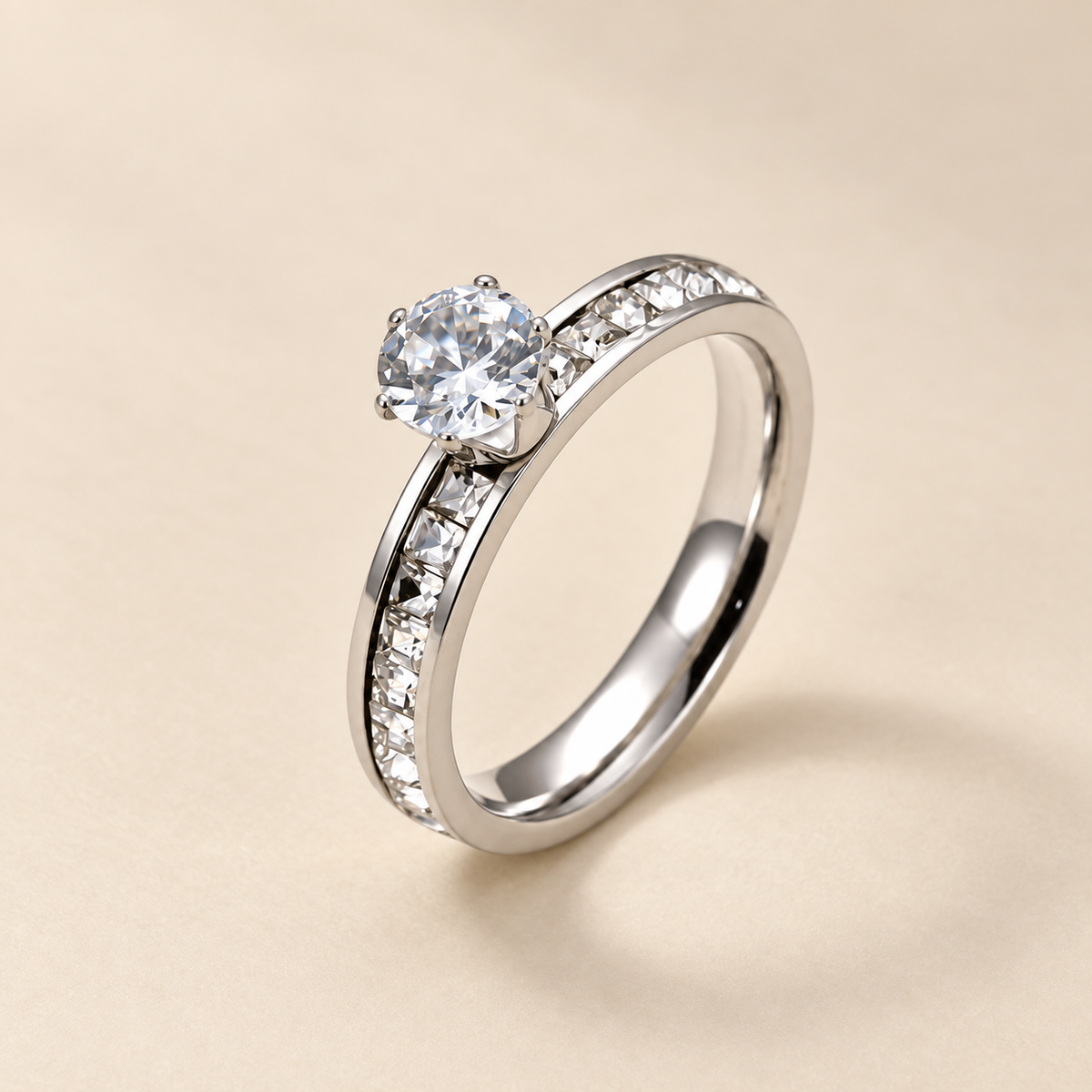 Classic Silverish Solitaire multi-Zircon Ring | PVD Plated Steel- For Women | Includes: Ring
