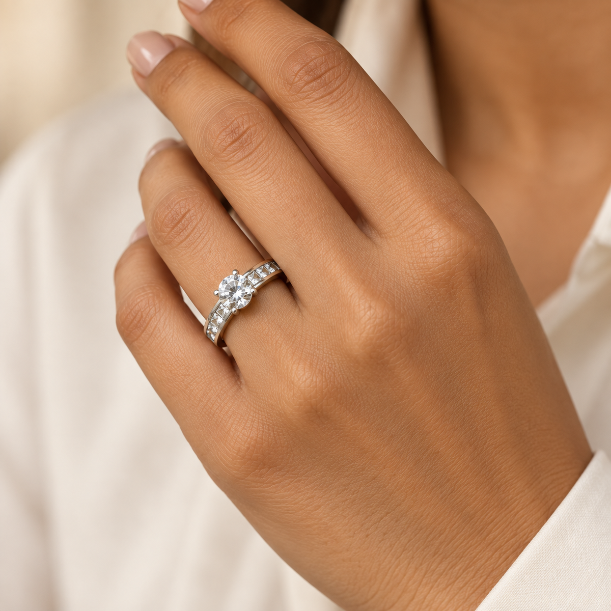 Classic Silverish Solitaire multi-Zircon Ring | PVD Plated Steel- For Women | Includes: Ring