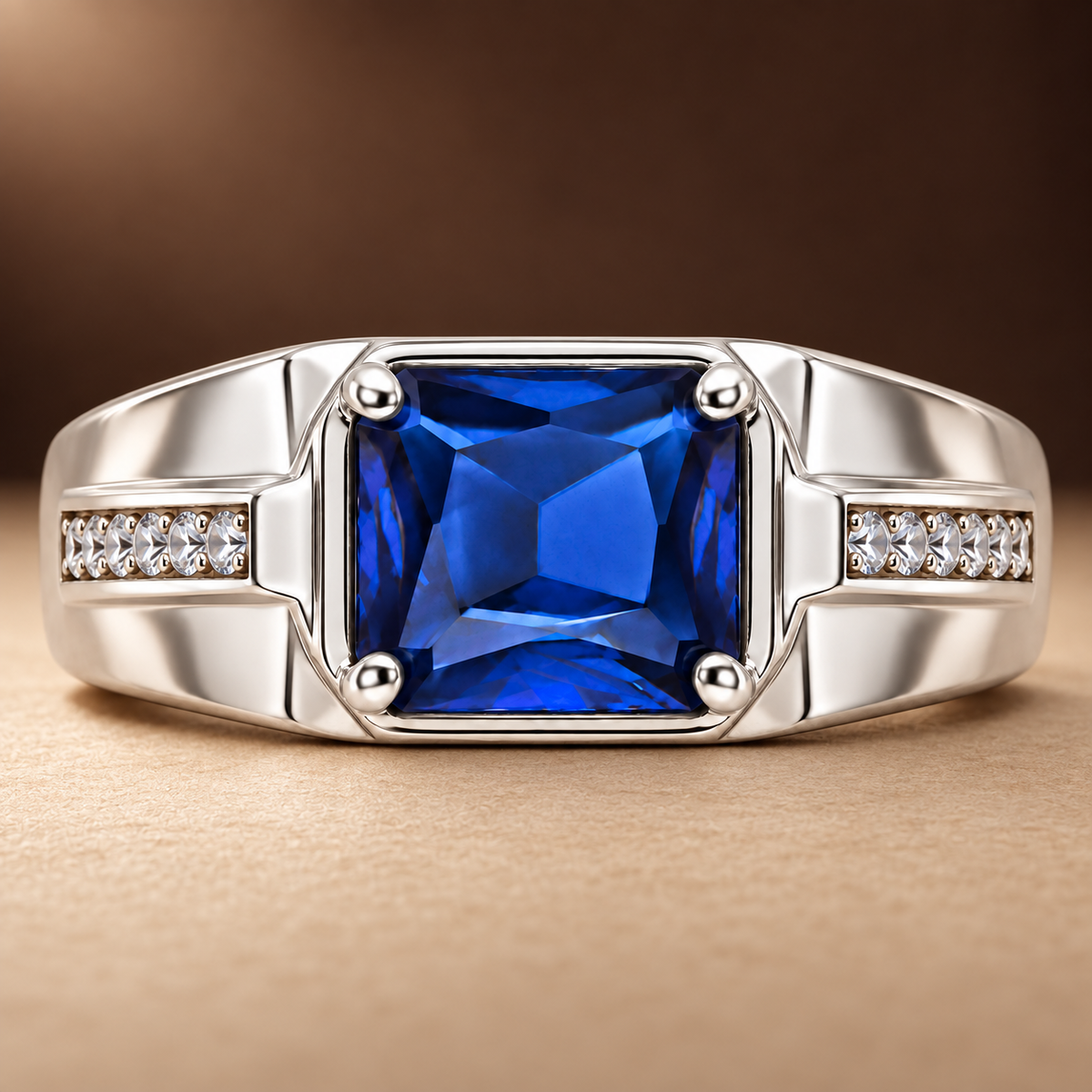 Square Blue Statement Ring | Silver-Tone – For Men | Includes: Ring