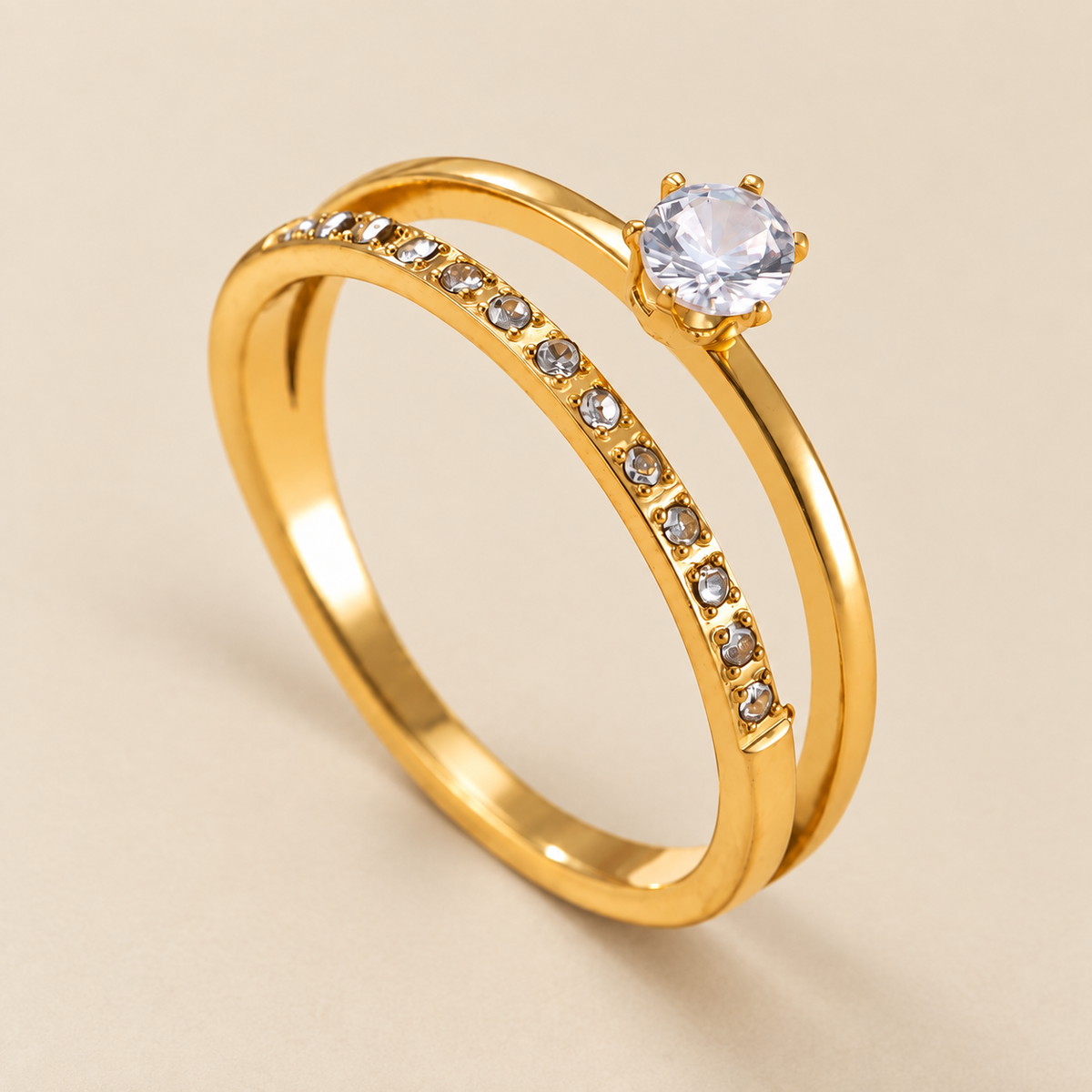 Classic 2-Layer Solitaire Zircon Ring | 18K PVD Gold Plated- For Women | Includes: Ring