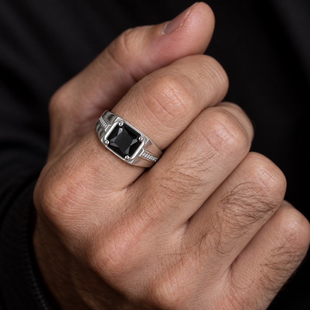 Square Black Statement Ring | Silver-Tone – For Men | Includes: Ring