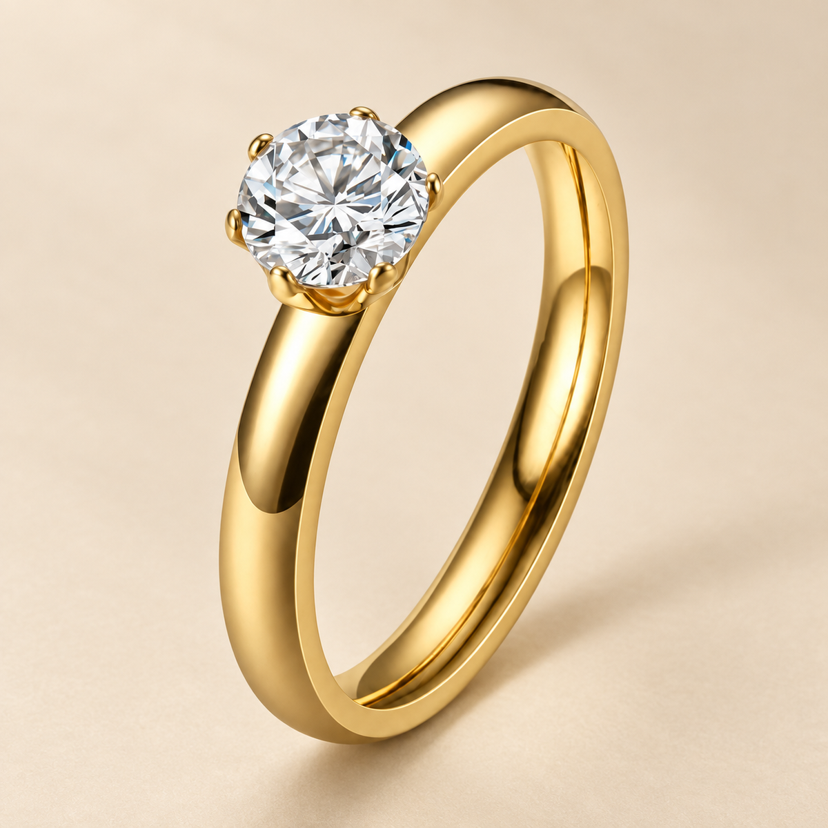 Classic Regular Solitaire Zircon Ring | 18K PVD Gold Plated- For Women | Includes: Ring