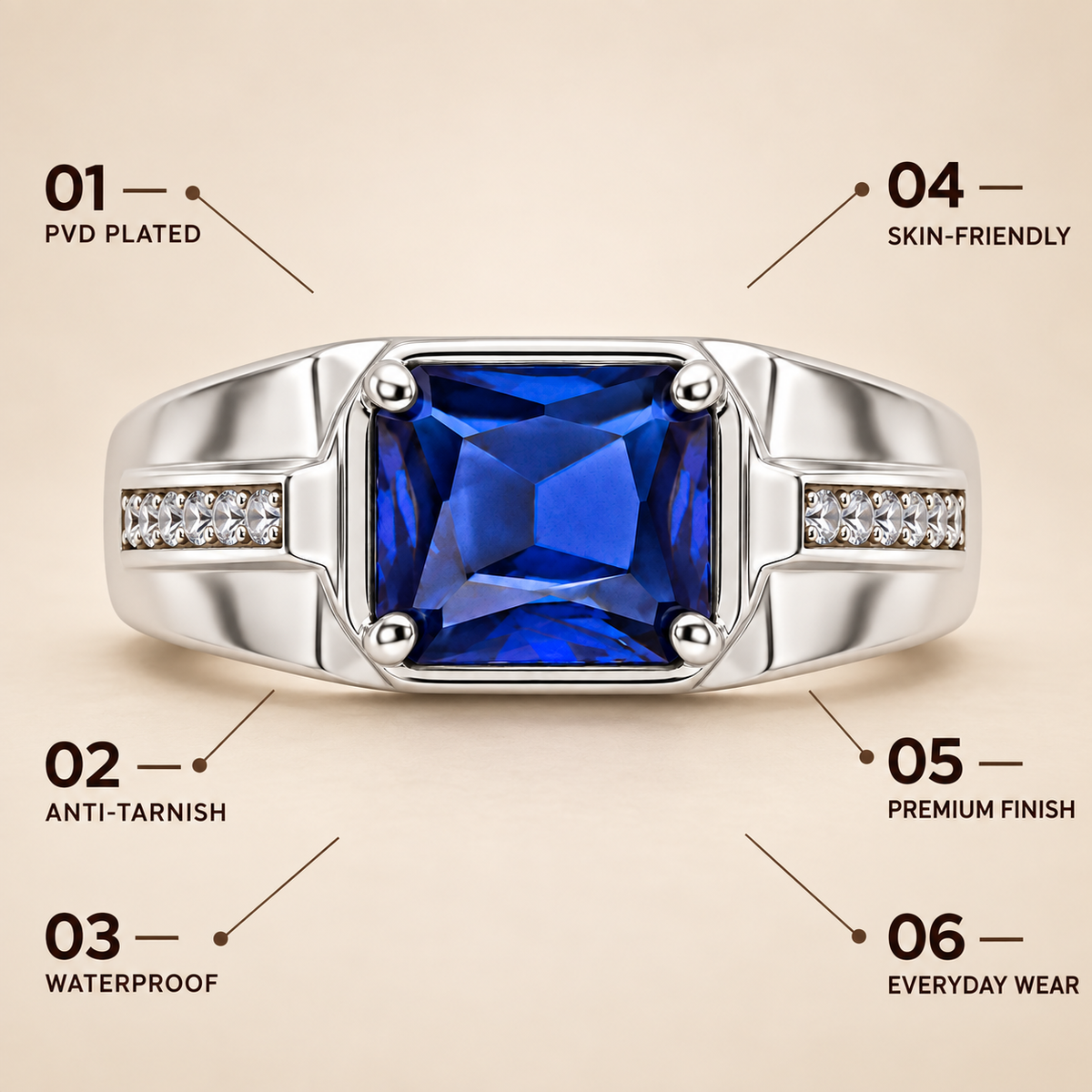 Square Blue Statement Ring | Silver-Tone – For Men | Includes: Ring