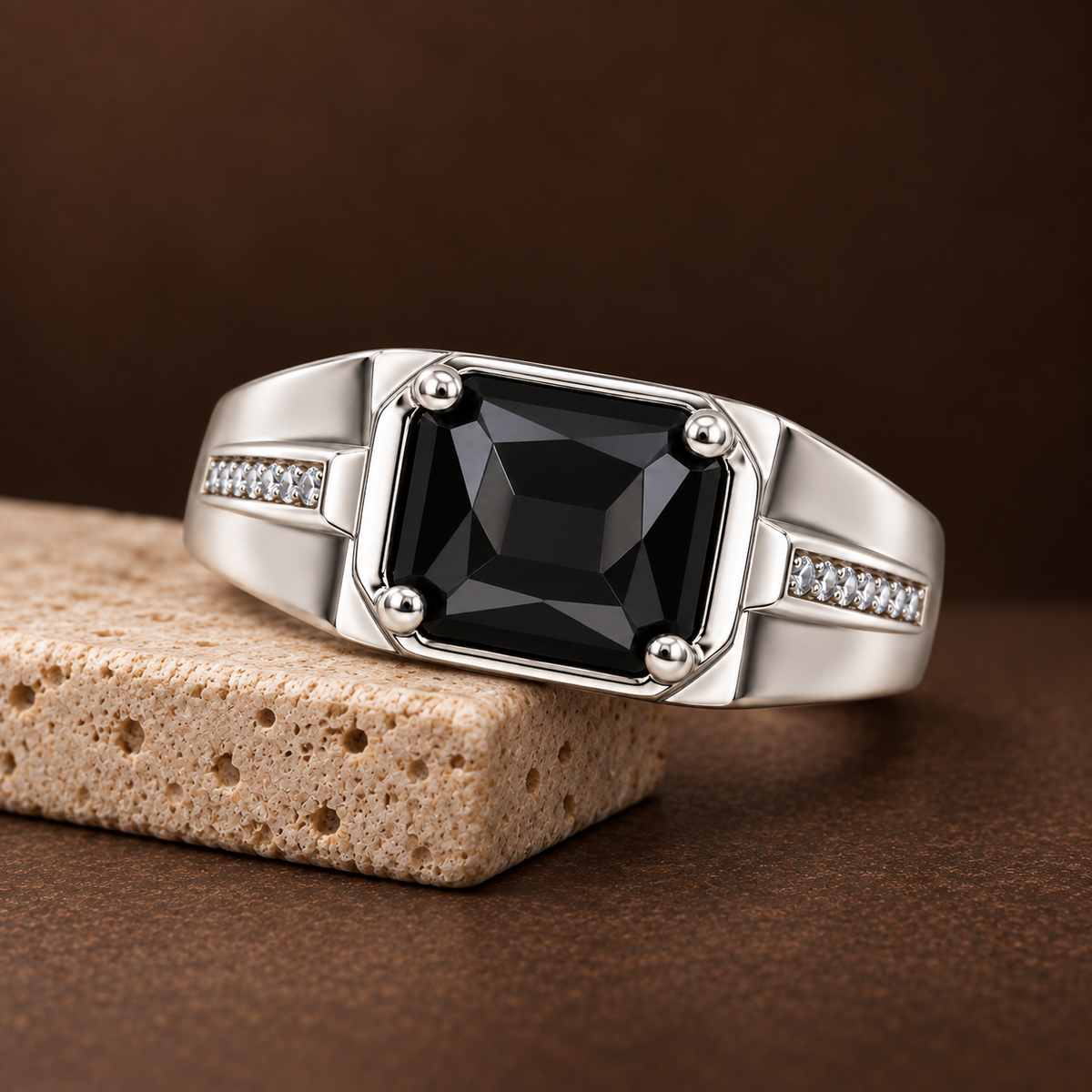 Square Black Statement Ring | Silver-Tone – For Men | Includes: Ring