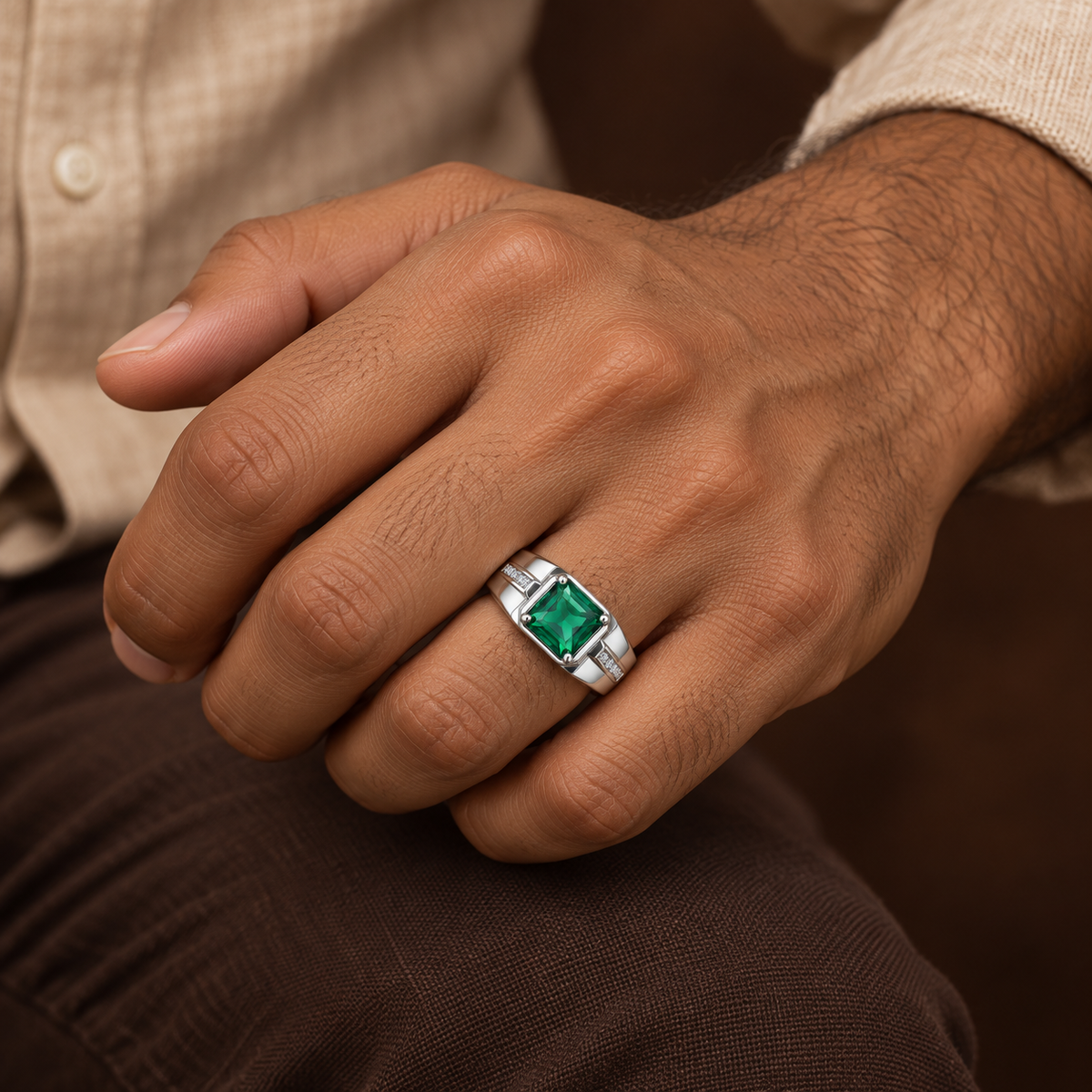 Square Green Statement Ring | Silver-Tone – For Men | Includes: Ring