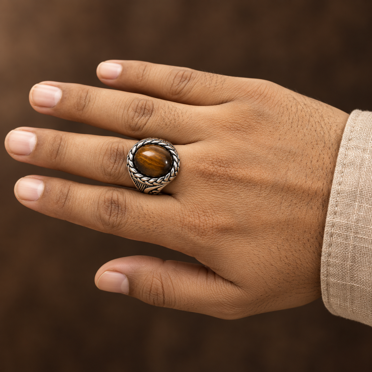 Brown Oval Braided Statement Ring | Silver-Tone – For Men | Includes: Ring
