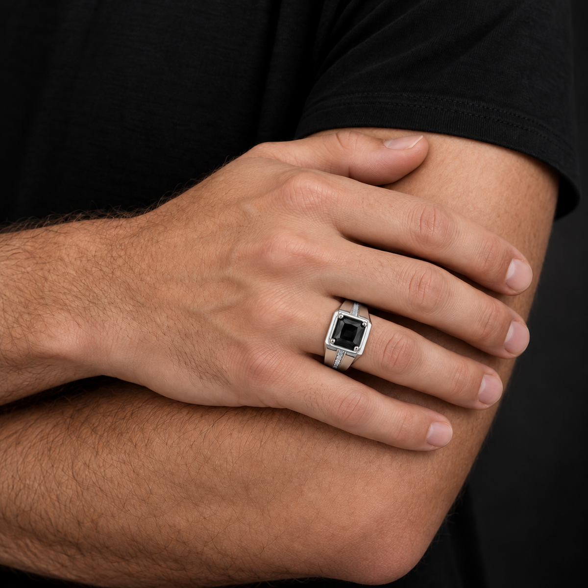 Square Black Statement Ring | Silver-Tone – For Men | Includes: Ring