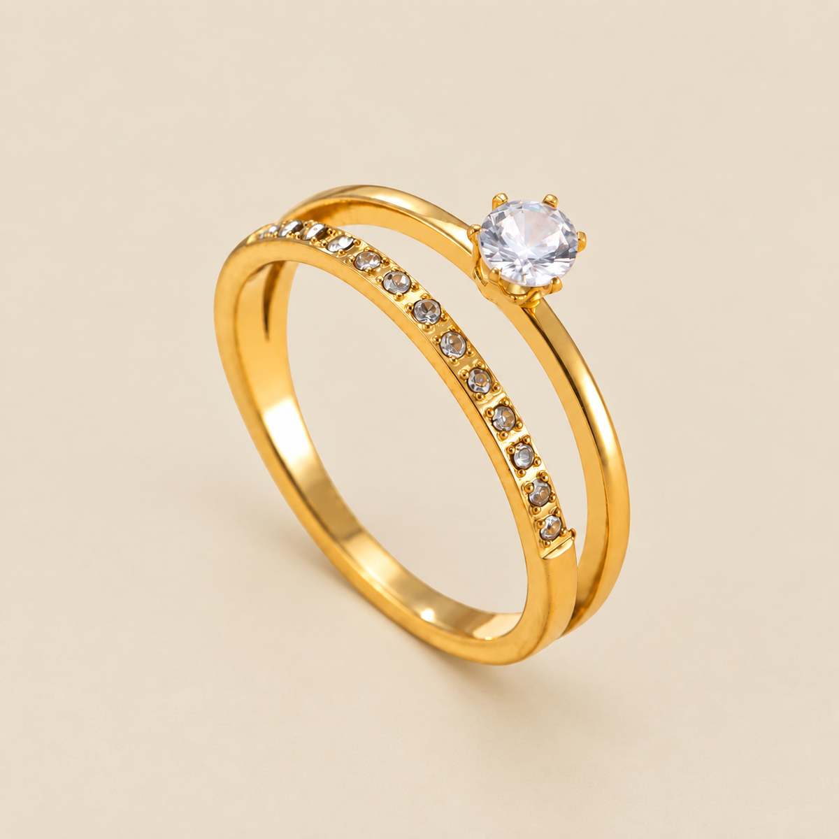 Classic 2-Layer Solitaire Zircon Ring | 18K PVD Gold Plated- For Women | Includes: Ring
