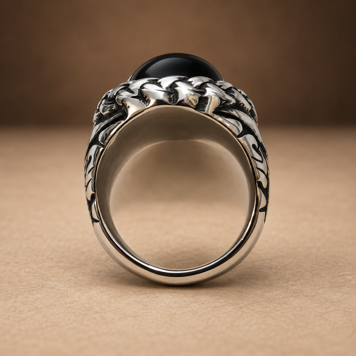 Black Oval Braided Statement Ring | Silver-Tone – For Men | Includes: Ring