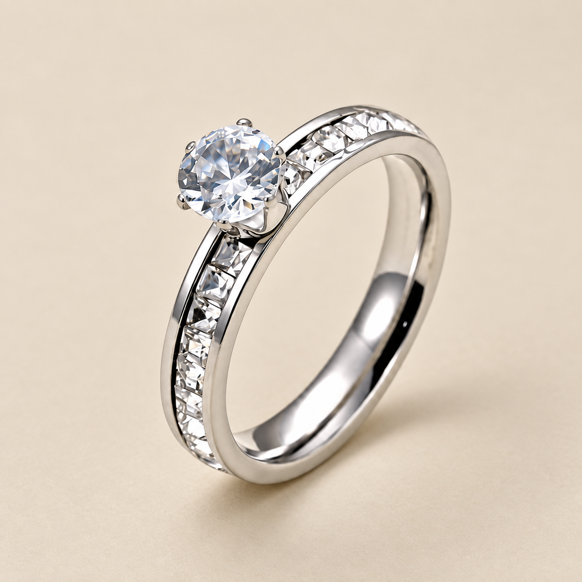 Classic Silverish Solitaire multi-Zircon Ring | PVD Plated Steel- For Women | Includes: Ring