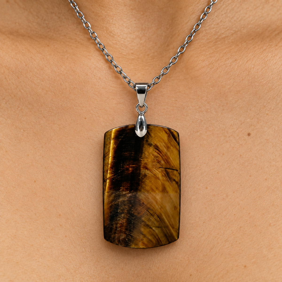 Courage Tiger Eye REAL Stone BOLD Necklace | Stainless Steel - For Women | Includes: Necklace