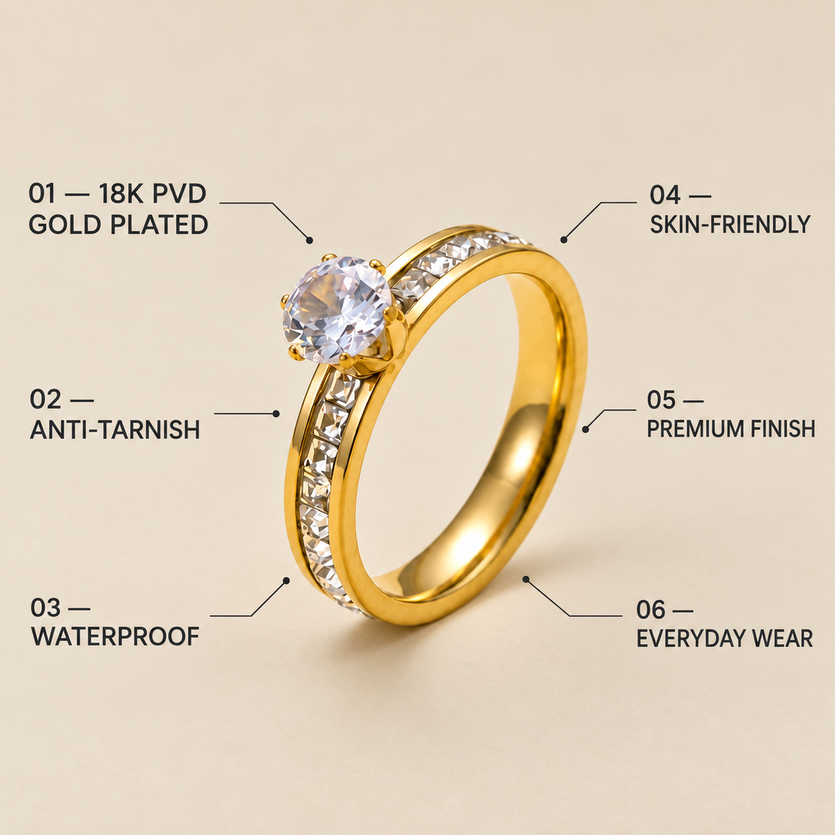 Classic Solitaire multi-Zircon Ring | 18K PVD Gold Plated- For Women | Includes: Ring