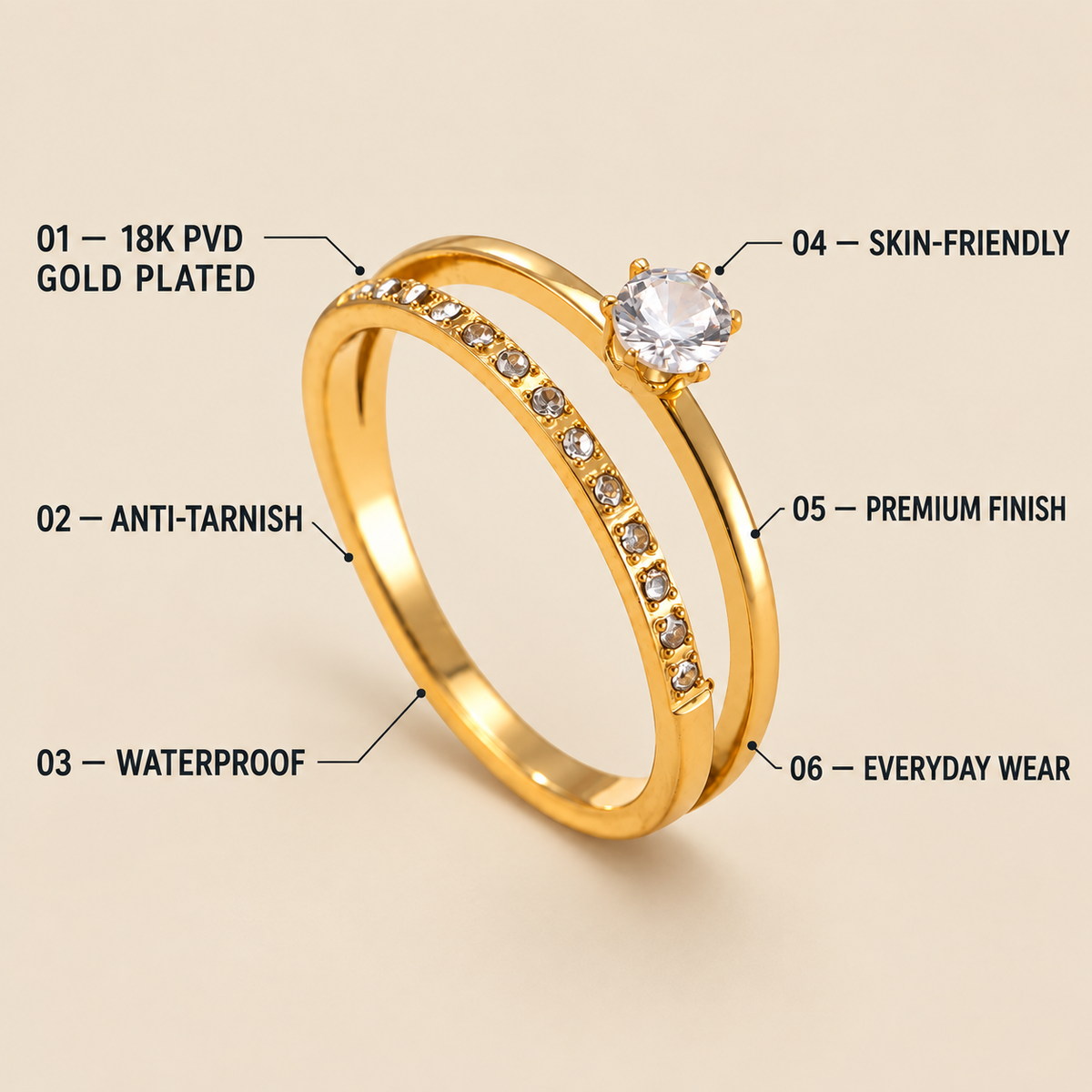 Classic 2-Layer Solitaire Zircon Ring | 18K PVD Gold Plated- For Women | Includes: Ring