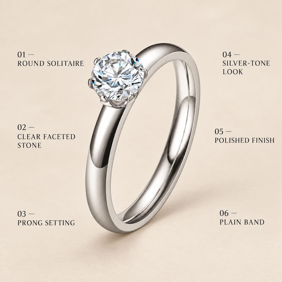 Classic Silverish Dainty Solitaire Zircon Ring | PVD Plated Steel- For Women | Includes: Ring