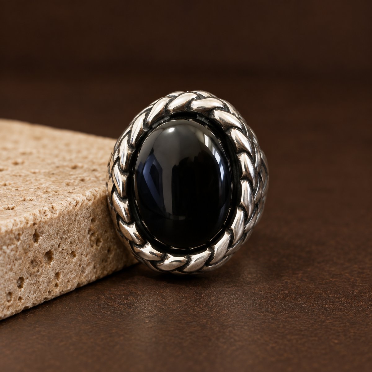Black Oval Braided Statement Ring | Silver-Tone – For Men | Includes: Ring