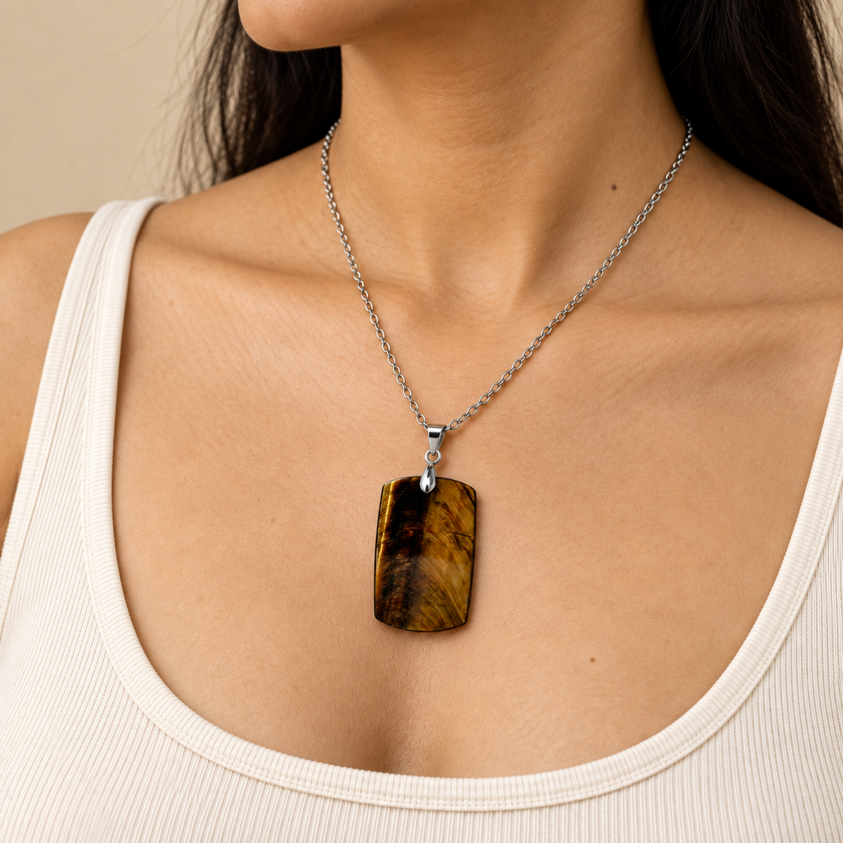 Courage Tiger Eye REAL Stone BOLD Necklace | Stainless Steel - For Women | Includes: Necklace