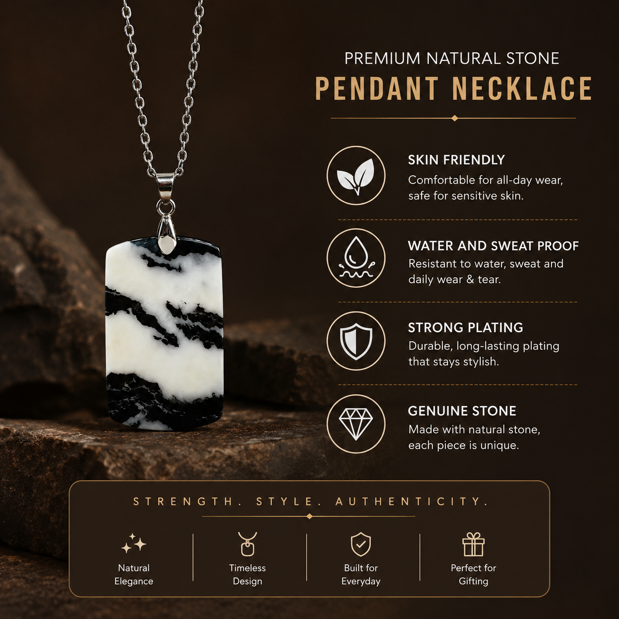 Zebra Jasper REAL Stone Men's Necklace | Stainless Steel - For Men| Includes: Necklace