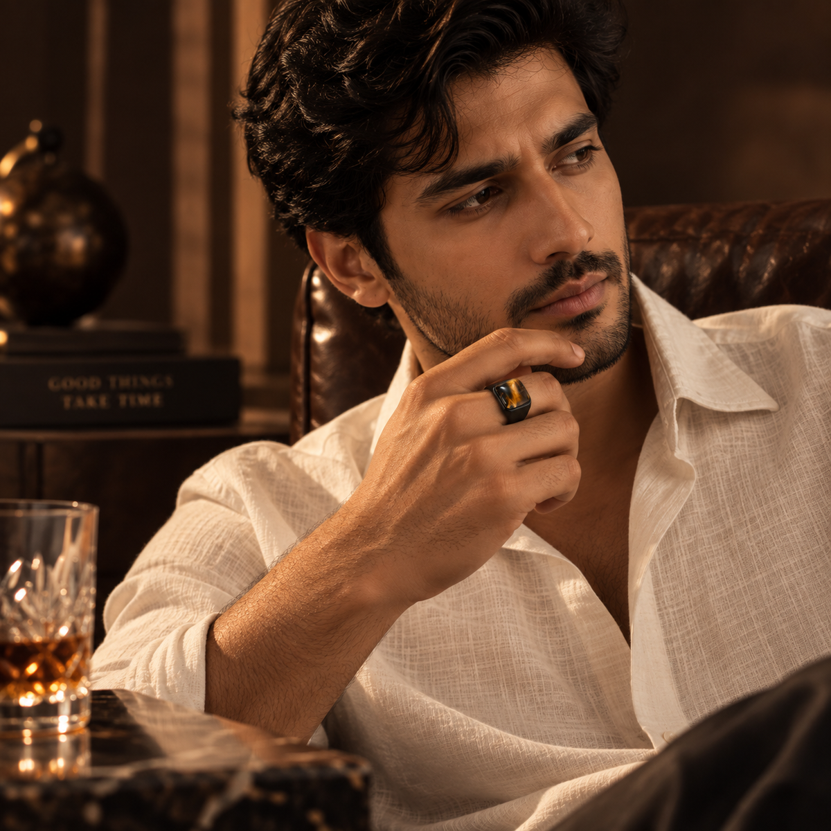 Natural BOLD Tiger Eye Stone Golden Titanium Steel Ring | PVD Plated– For Men | Includes: Ring