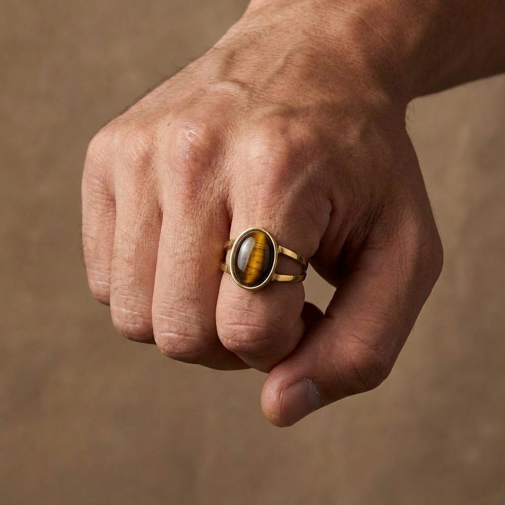 Cat's Eye Stone Golden Dual Band Oval Ring | 18K Real Gold PVD Plated– For Men | Includes: Ring