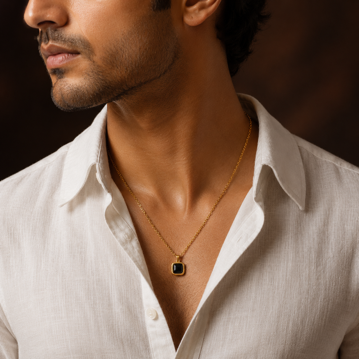 Black Center Piece Men's Dainty Necklace | 18K PVD Gold Plated - For Men| Includes: Necklace
