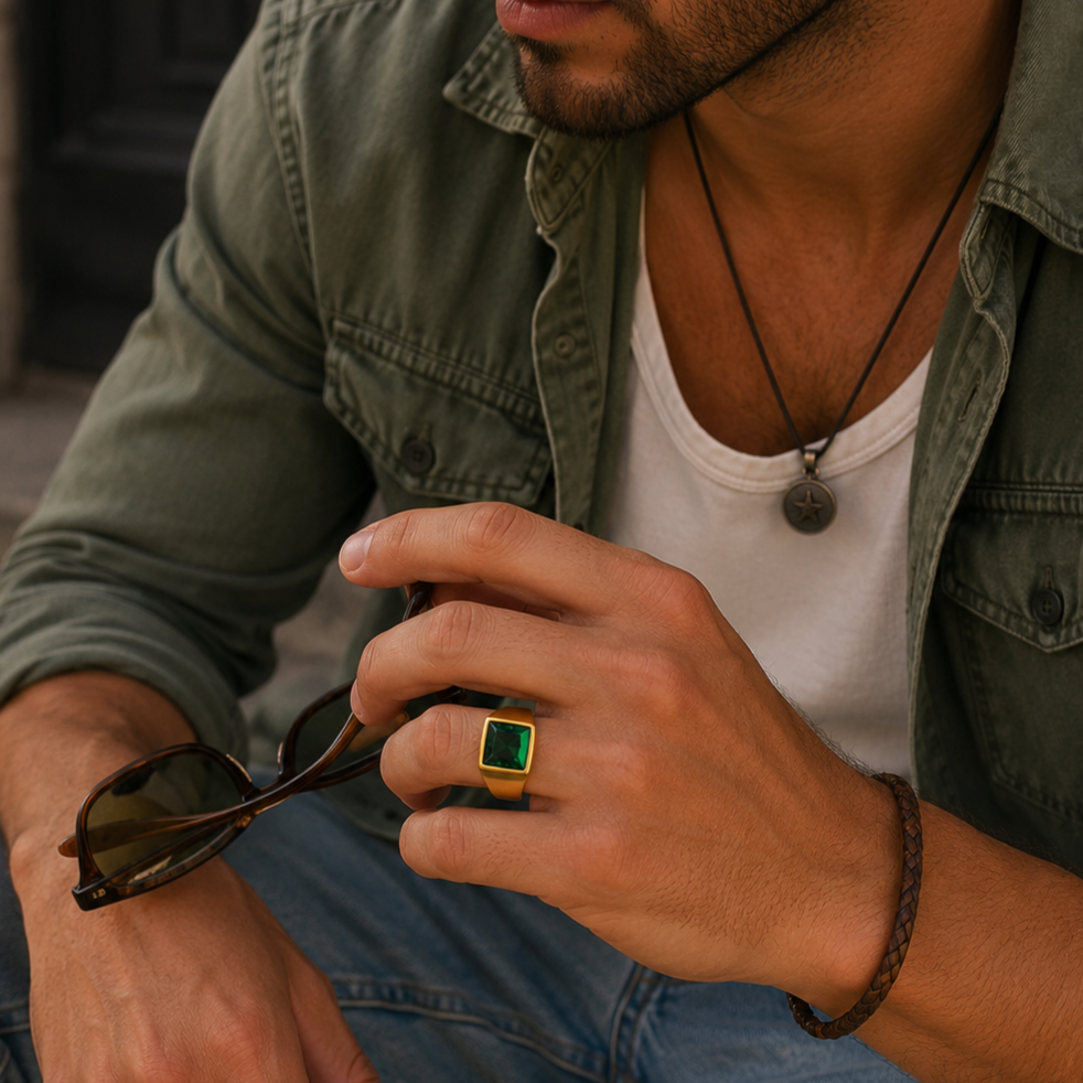Golden Regular Green Square Zircon Titanium Ring | 18K Real Gold PVD Plated– For Men | Includes: Ring