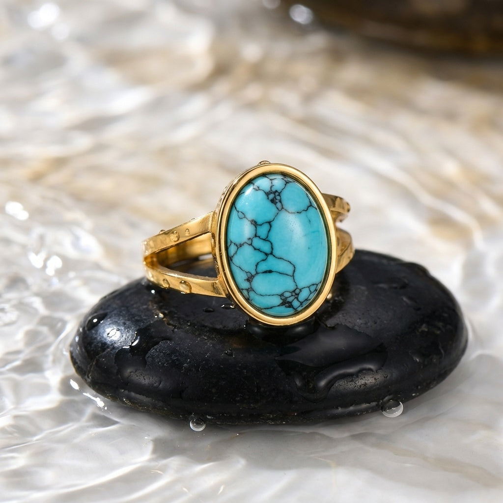 Turquoise Stone Golden Dual Band Oval Ring | 18K Real Gold PVD Plated– For Men | Includes: Ring