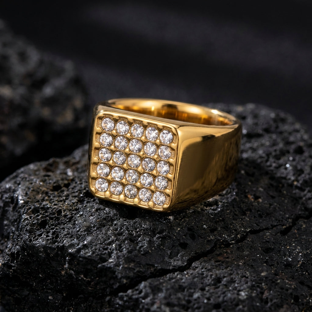 Golden Multi Zircon Square Inlay Steel Ring | 18K Real Gold PVD Plated– For Men | Includes: Ring