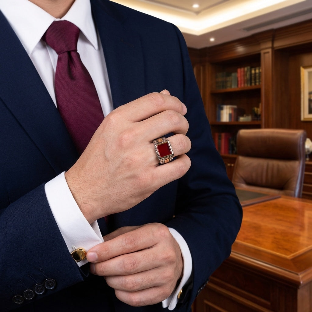 Natural Red Onyx Stone Pyramid Ring | TITANIUM STEEL– For Men | Includes: Ring