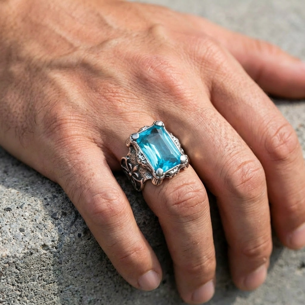 Blue Zircon BOLD Iranian Sword Ring | Titanium Steel– For Men | Includes: Ring